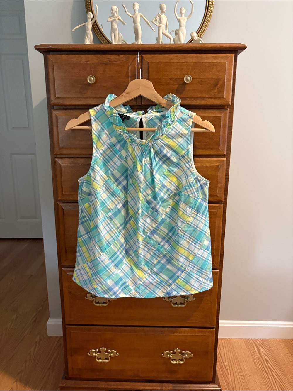 Talbots Blue & Yellow Plaid Sleeveless Ruffle Neck Top
